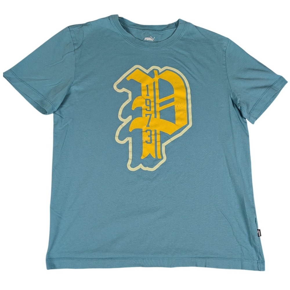 Puma Graphic T-Shirt Mens Medium Teal Blue 1973 P Logo Excellent